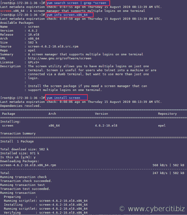 Installing screen package on an RHEL 8 using epel repo command
